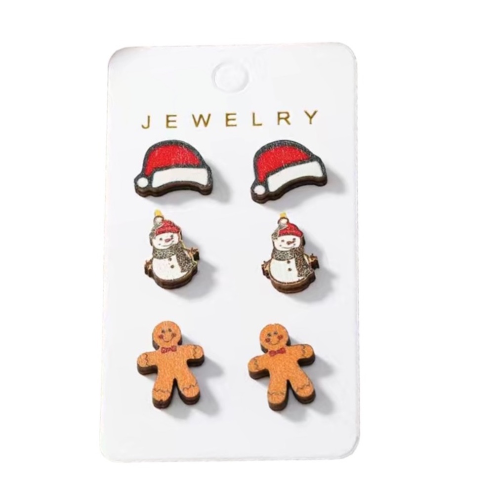 NWT 3 Pairs Retro Christmas Stud Earrings Santa Hat Snowman & Gingerbread